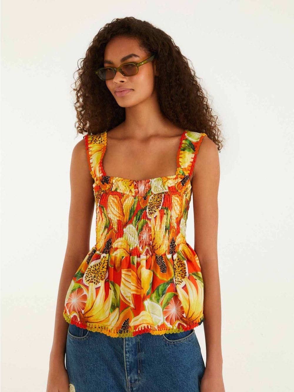NWT FARM Rio Fruit Garden Red Smocked Crochet Details Blouse Top S